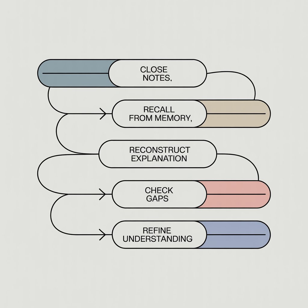 Flow diagram showing active recall and reconstruction as a study process.
