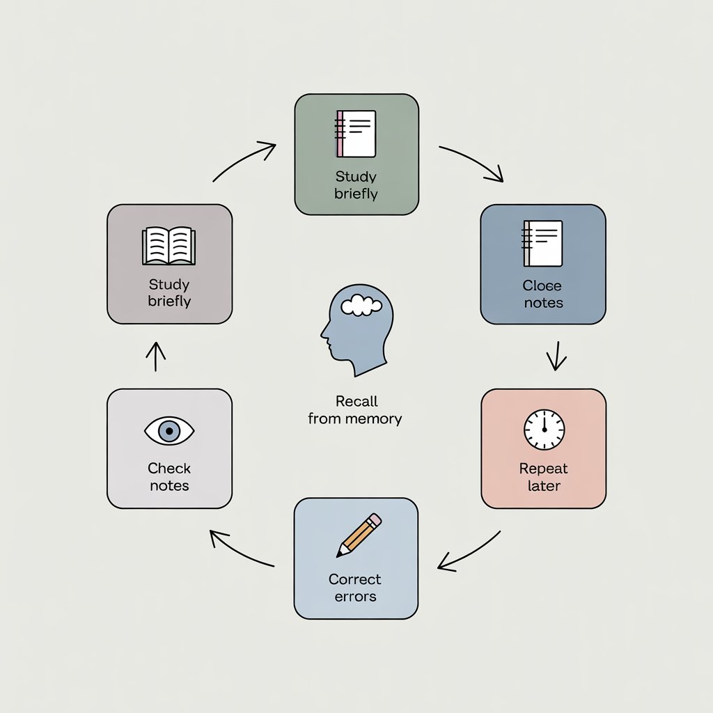Flow diagram showing the active recall study process.