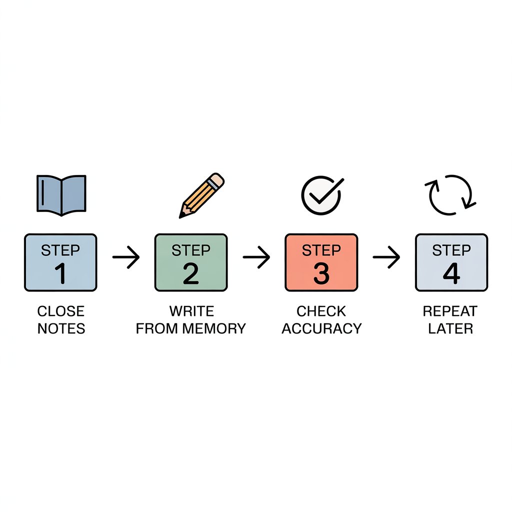 Flowchart showing the active recall study process without notes.