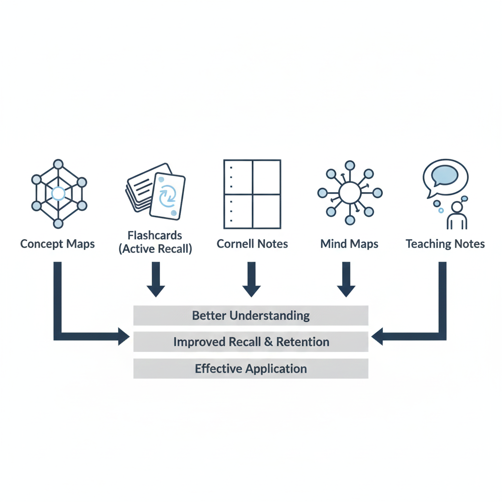 Visual overview of study methods like concept maps, flashcards, and teaching notes that work better than traditional summaries