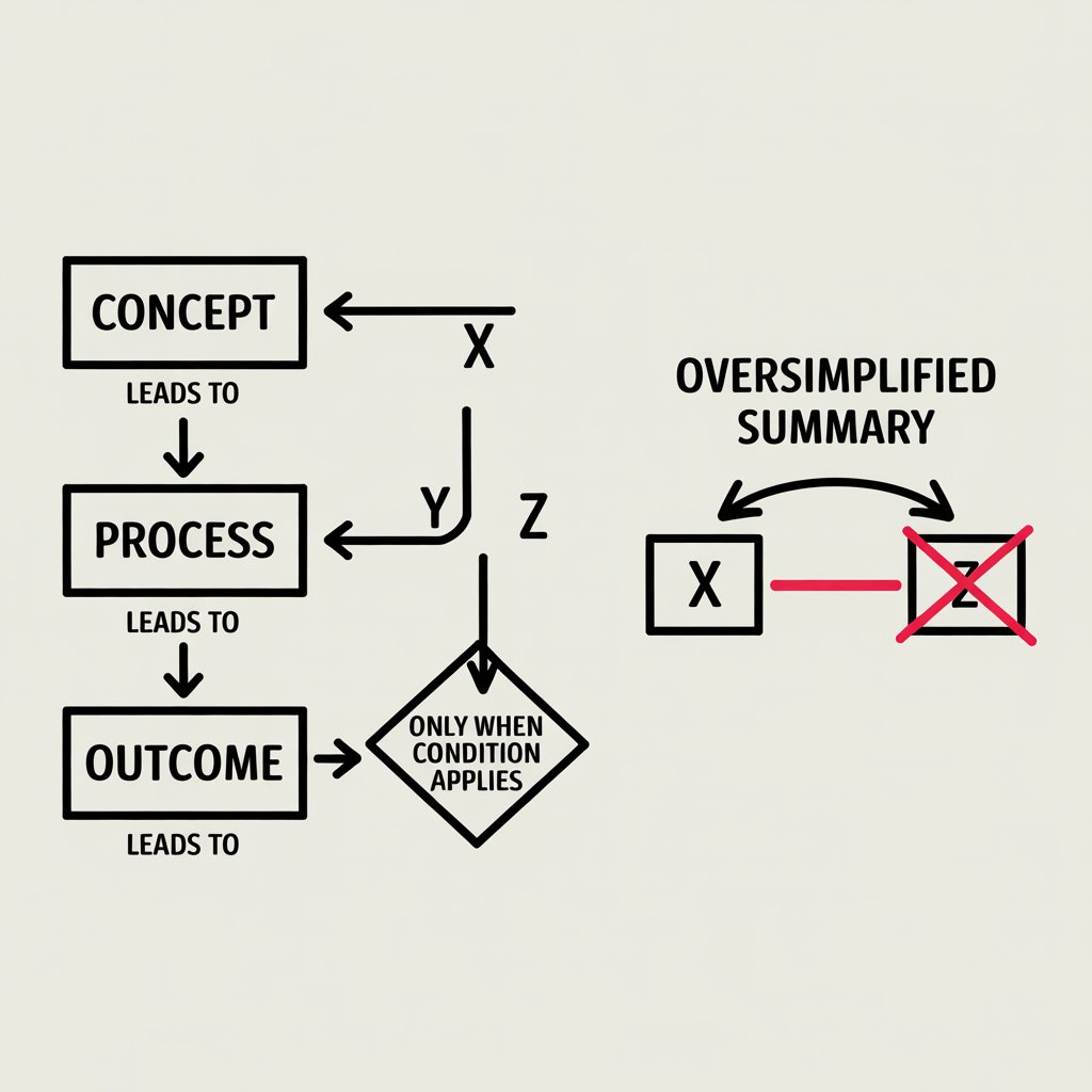 Diagram showing labeled logical structure preserved versus oversimplified summaries losing meaning.