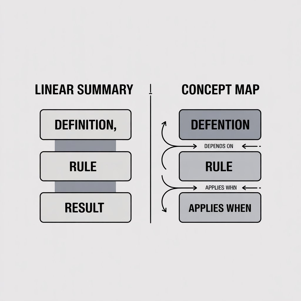 Labeled comparison between linear summaries and concept maps showing idea relationships.