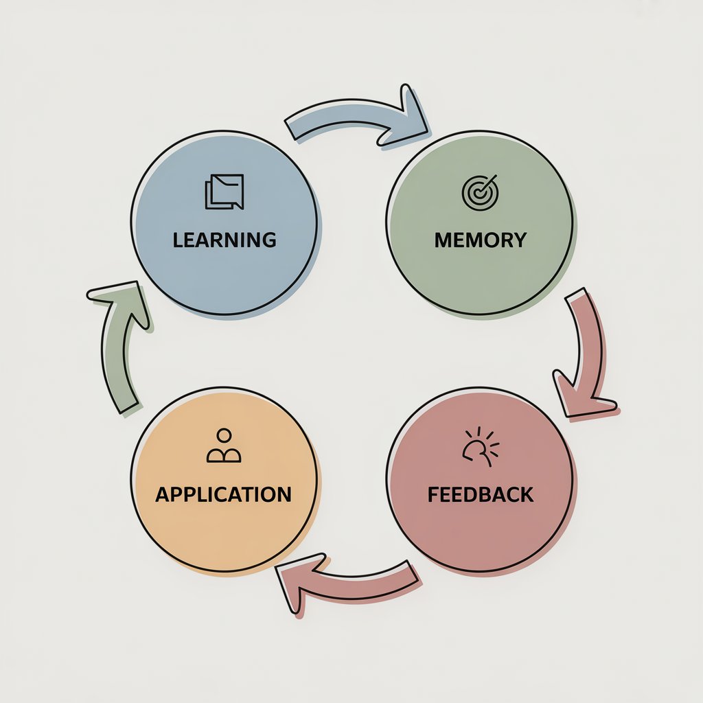 Simple learning cycle showing recall, application, and feedback for beginners