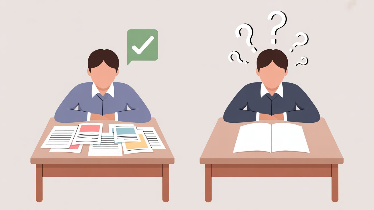 Illustration showing the difference between rereading notes and recalling information from memory.