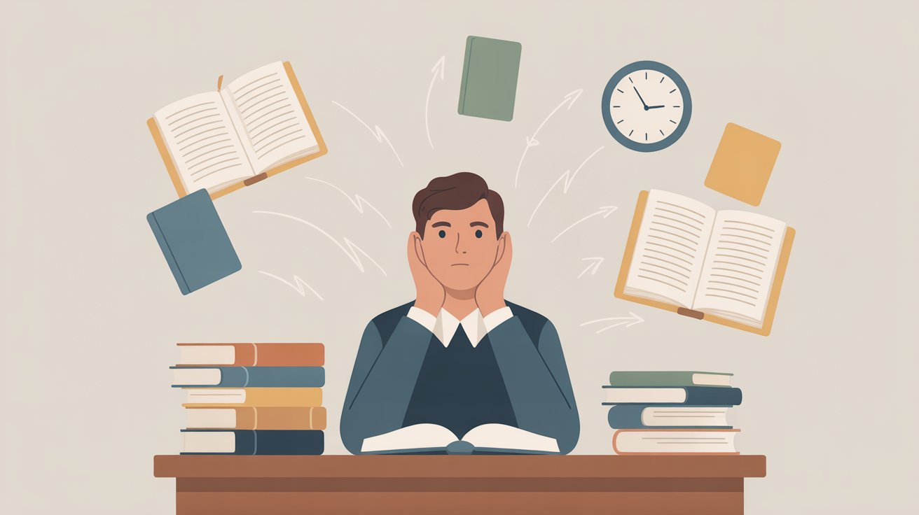 Student struggling to maintain focus while studying due to attention breakdown