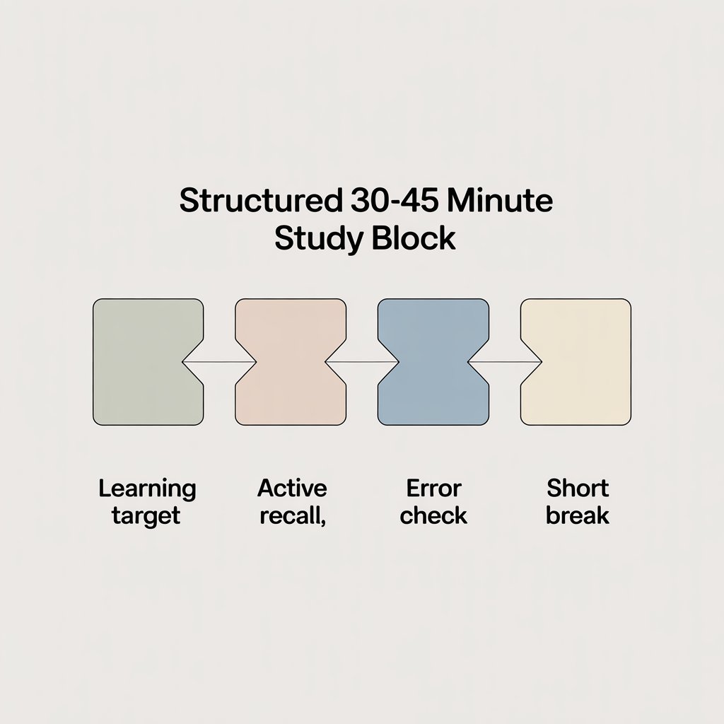 Diagram of a short study session built around active recall and error correction.
