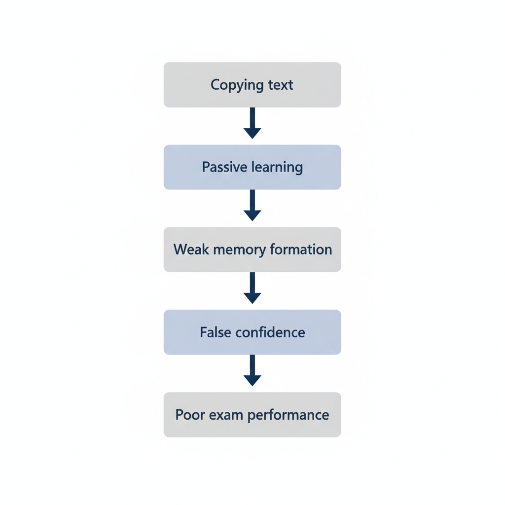 Flowchart showing how shallow summaries lead to passive learning, weak memory, false confidence, and poor exam performance