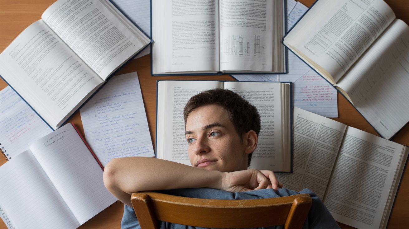 Student pausing before studying to identify key concepts in a textbook
