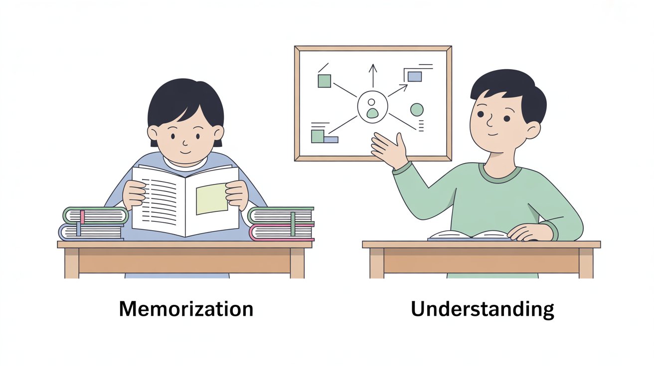 Illustration comparing memorization-based studying with understanding-based studying.