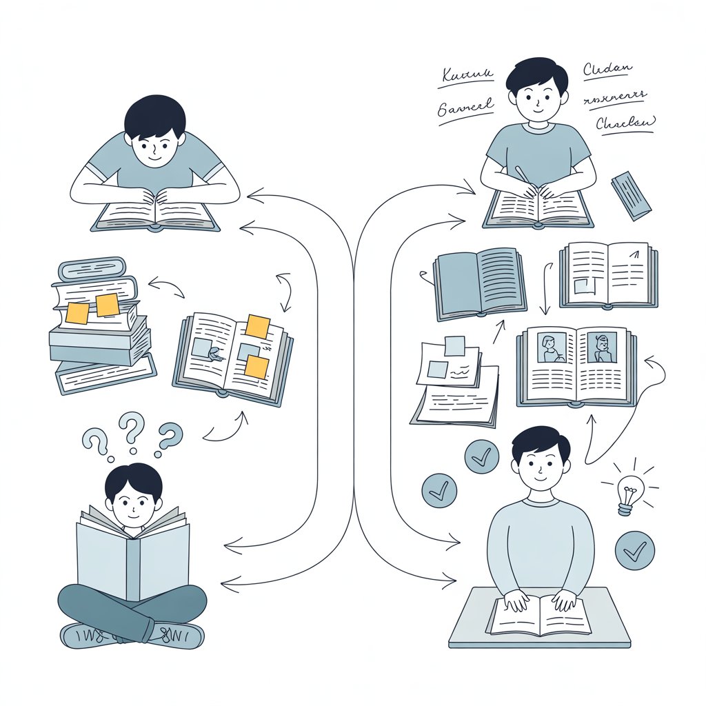 Flow diagram comparing passive review with active retrieval study methods.
