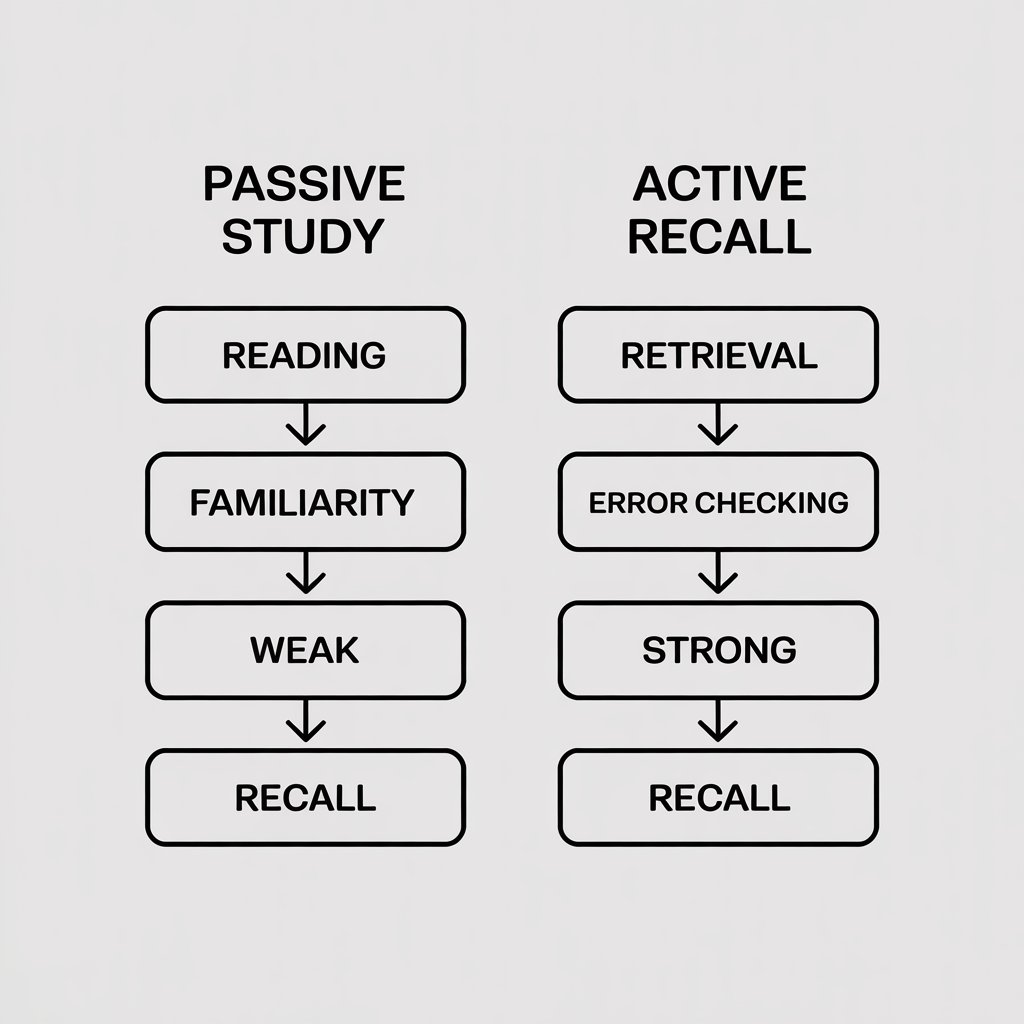 Flowchart showing passive study leading to weak recall and active recall leading to strong memory.