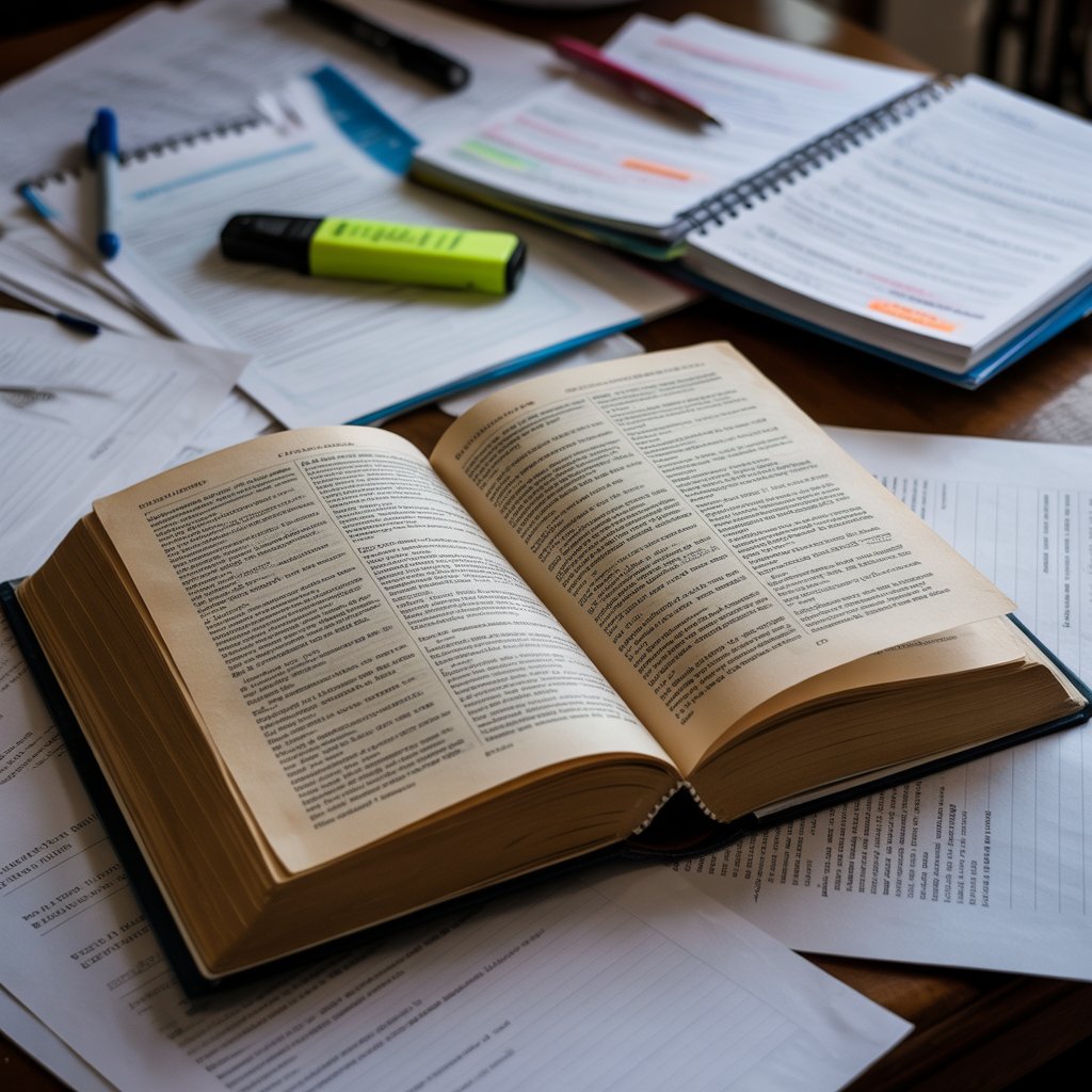 Open textbook and notes showing overwhelming study material without clear focus