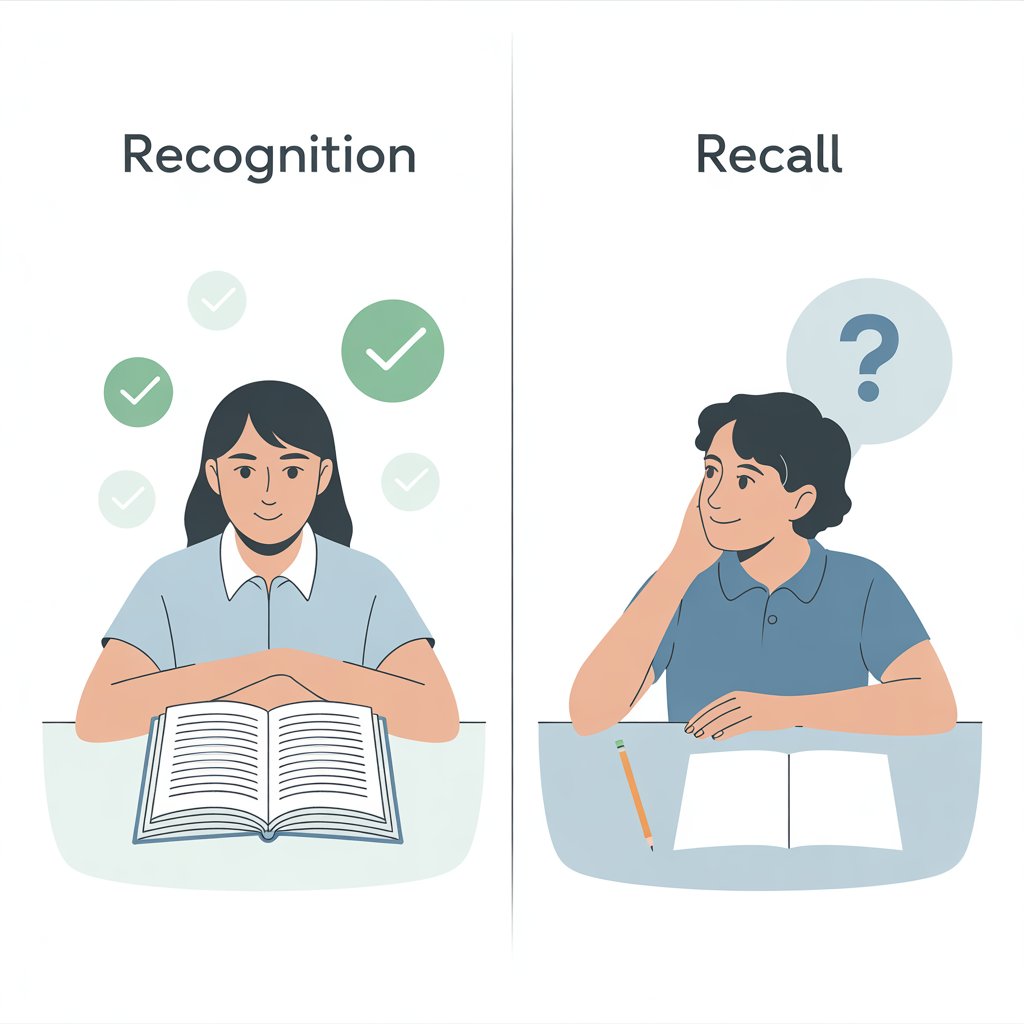 Diagram showing the difference between recognition and recall in studying.