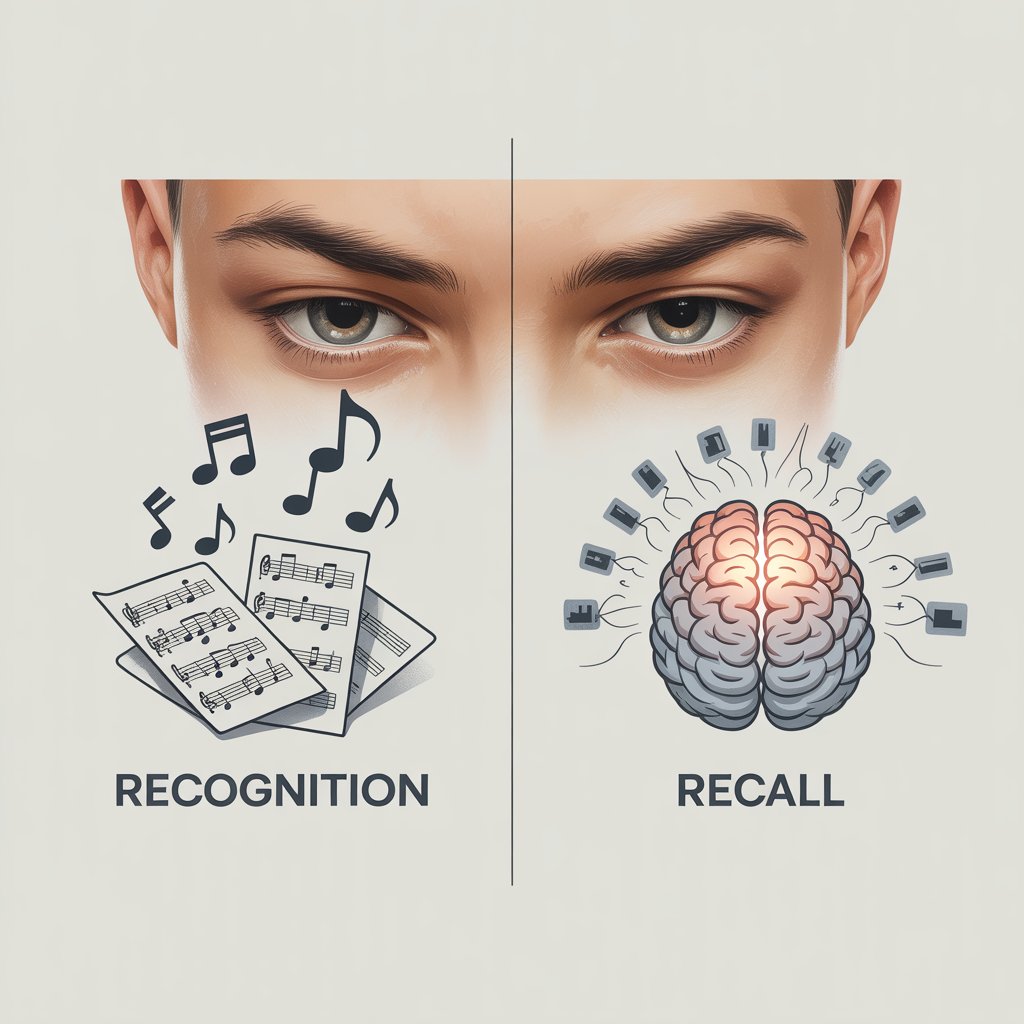 Diagram comparing recognition from notes with recall from memory.