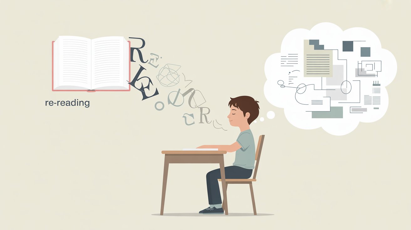 Illustration showing the difference between re-reading notes and recalling information from memory.