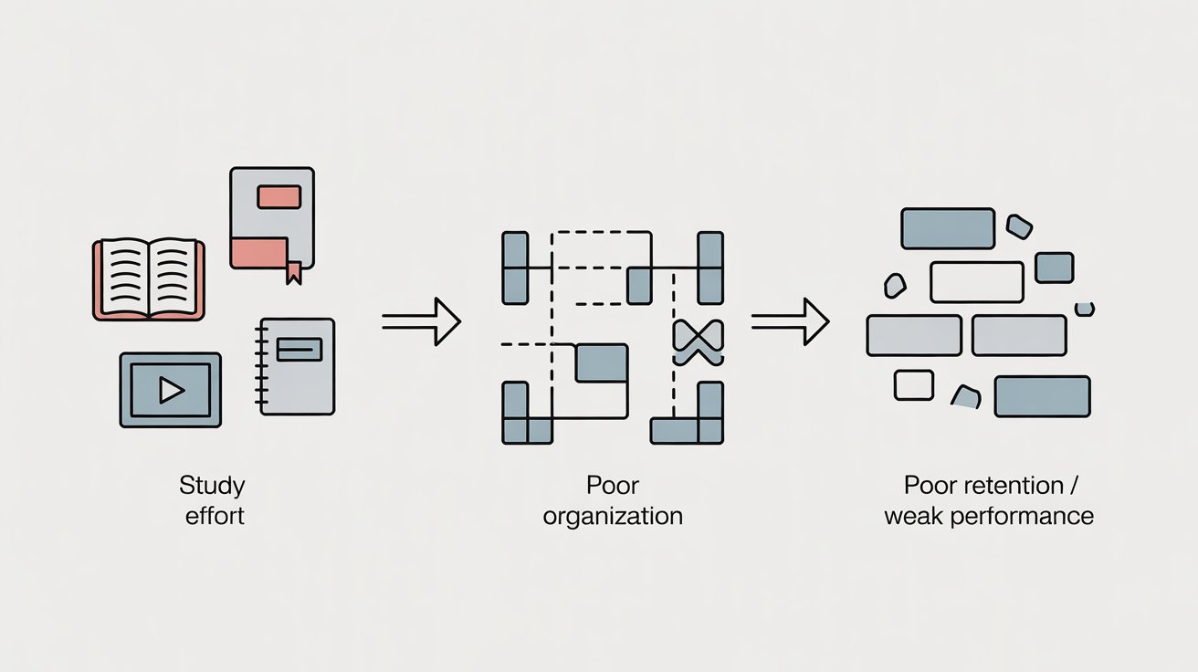 Diagram showing study effort failing to turn into lasting learning due to missing structure.