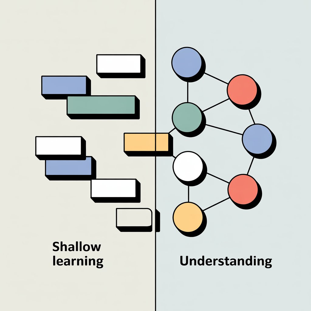 Diagram showing isolated memorized facts versus connected conceptual understanding.