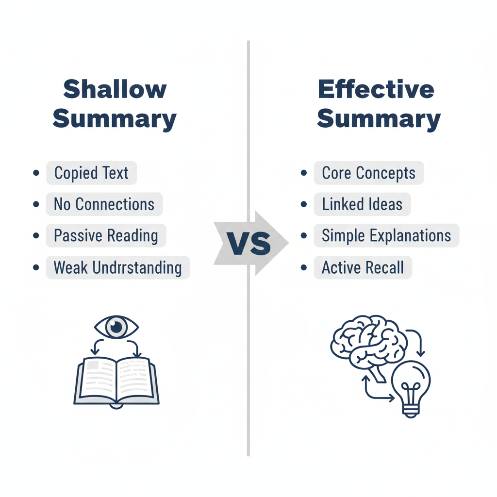 Comparison between shallow summaries and effective summaries showing how copying notes leads to poor understanding