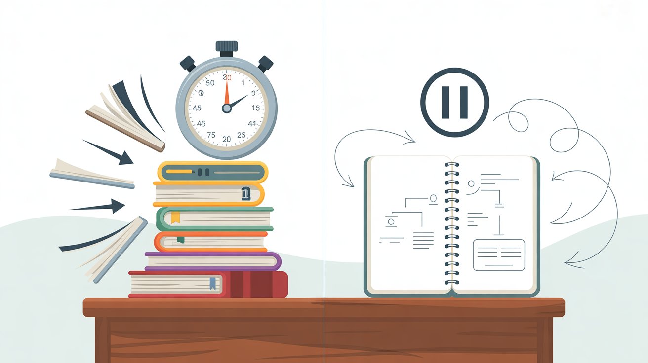 Illustration comparing fast studying with focused studying at a desk