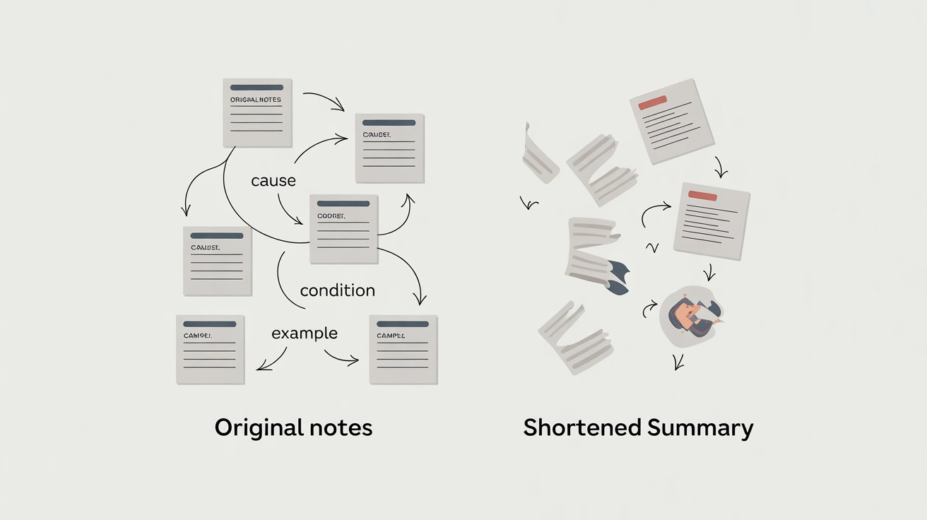Comparison of original notes with labeled relationships versus shortened summaries with missing connections.