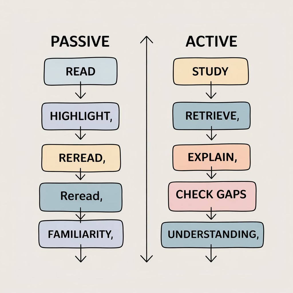 Flowchart showing passive study methods compared to active learning methods.