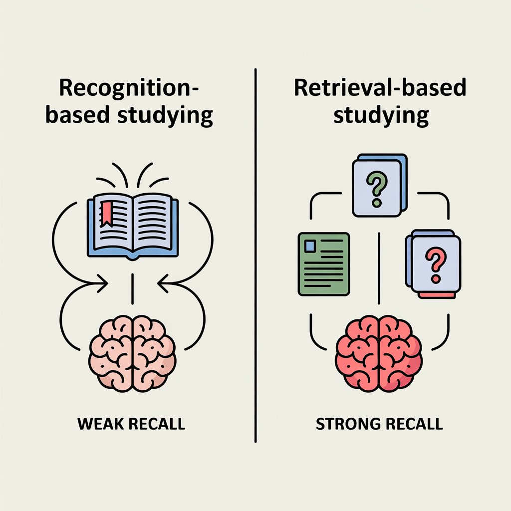 Diagram comparing recognition-based studying with retrieval-based studying outcomes.