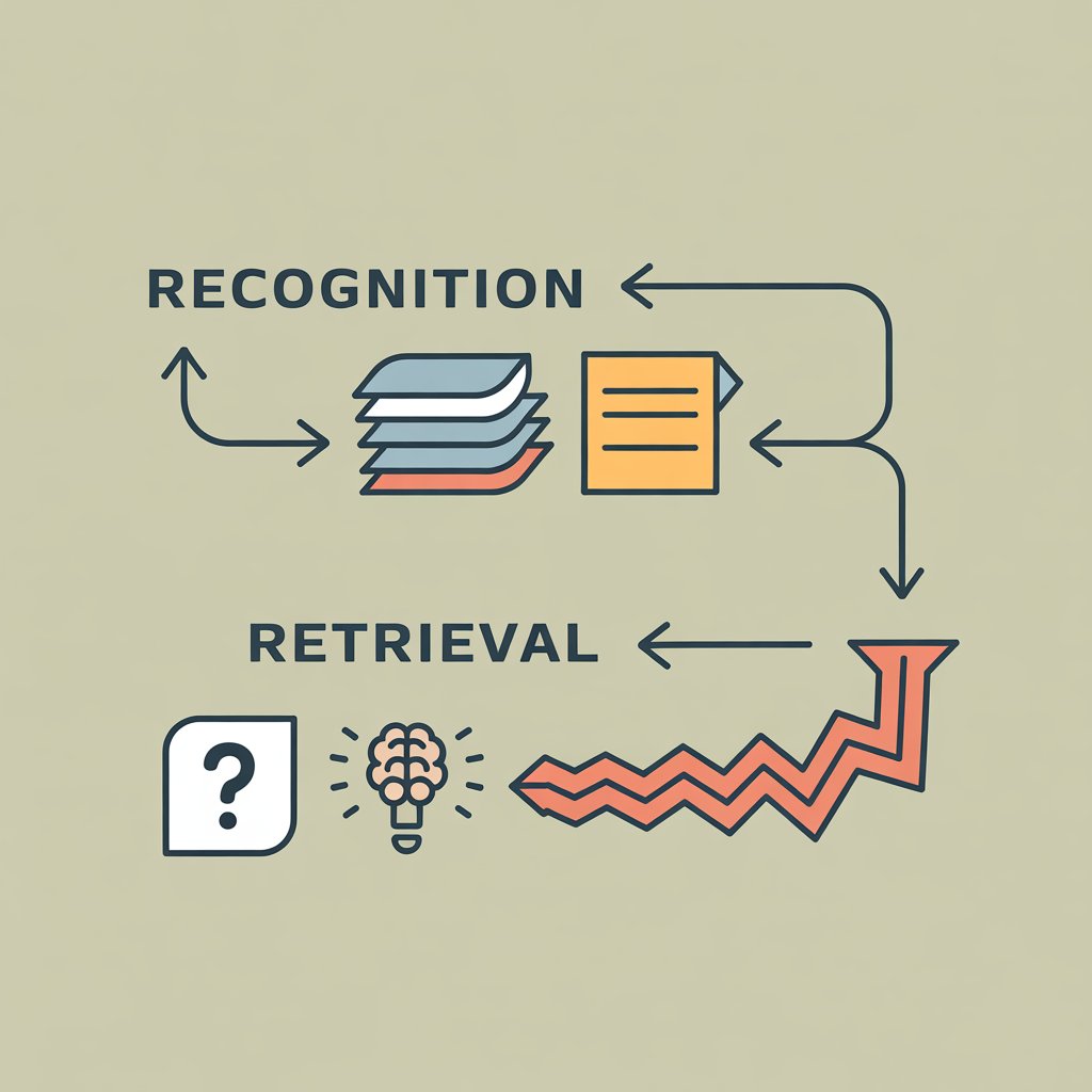 Diagram showing the difference between recognition-based review and retrieval-based review.