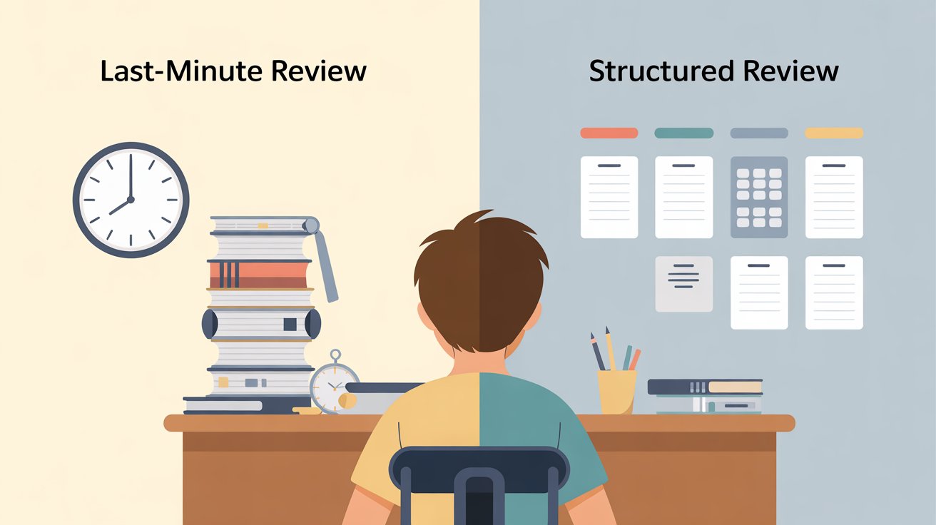 Illustration comparing last-minute cramming with structured study review over time.