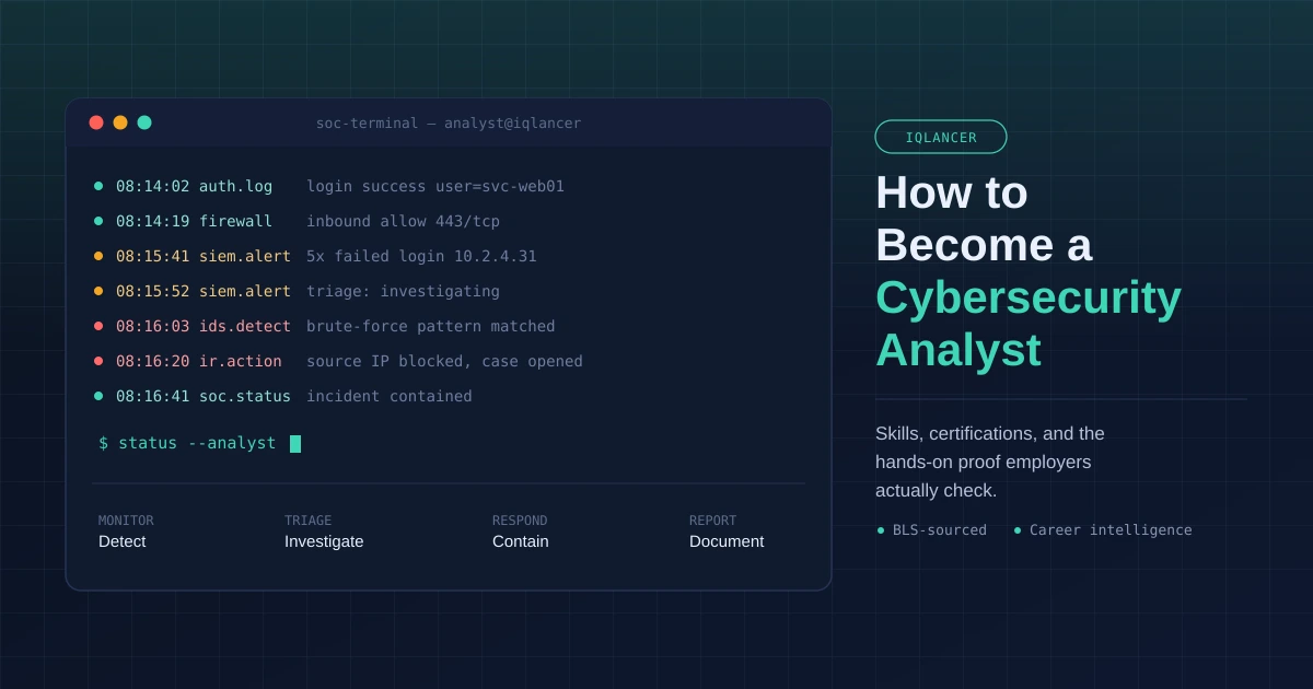 Terminal-style graphic showing a SOC analyst log feed beside the title 'How to Become a Cybersecurity Analyst