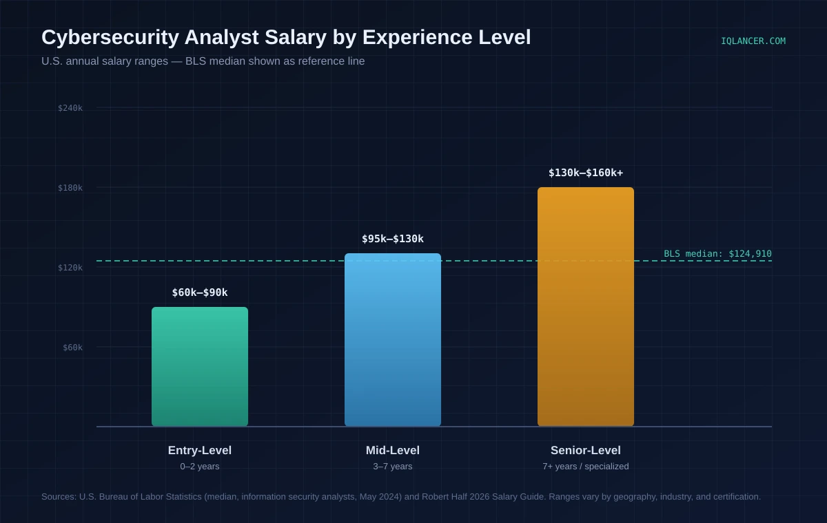 Bar chart of cybersecurity analyst salary ranges by experience level, entry to senior