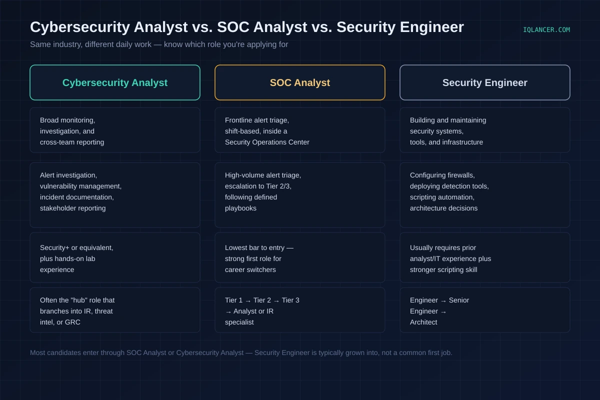 Comparison chart of cybersecurity analyst, SOC analyst, and security engineer roles