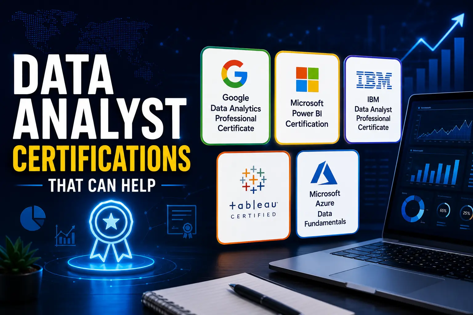 How to become a data analyst by choosing the right certification, including Google Data Analytics, Microsoft Power BI, IBM Data Analyst, Tableau, and Azure Data Fundamentals programs.