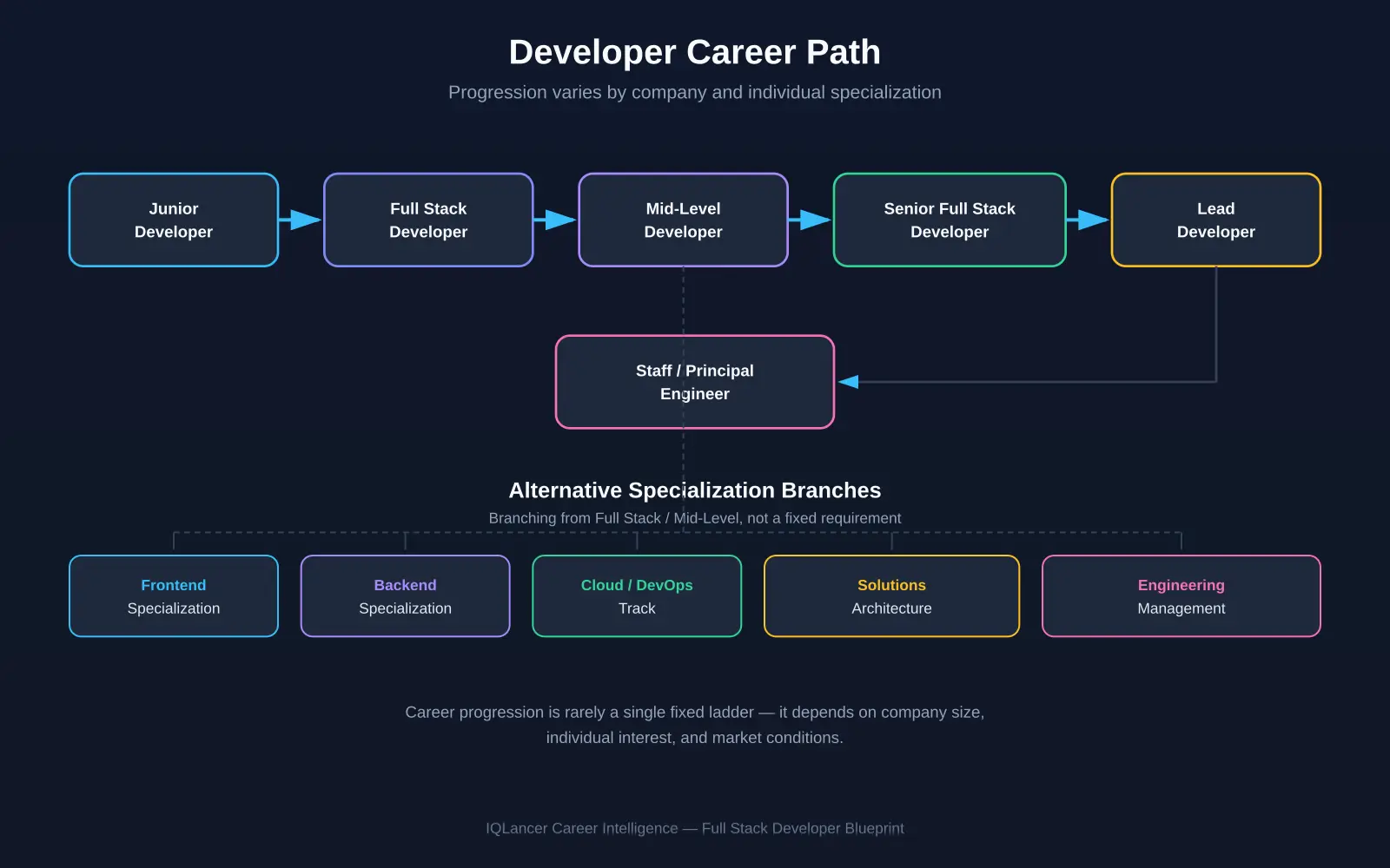 Developer career path diagram showing progression and specialization branches from full stack development