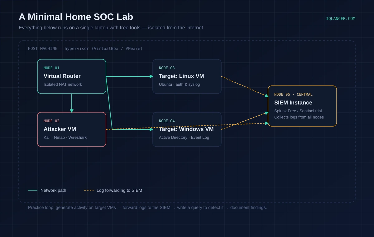 Beginner Home SOC Lab Setup: Diagram of a beginner home SOC lab with a router, virtual machines, and SIEM for candidates learning how to become a cybersecurity analyst.